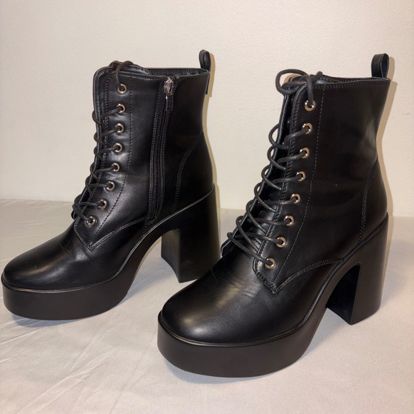 Just Fab Platform Ankle Boots Lace Up Block Heel‎ Round Toe Black Women's 8 - Picture 1 of 7